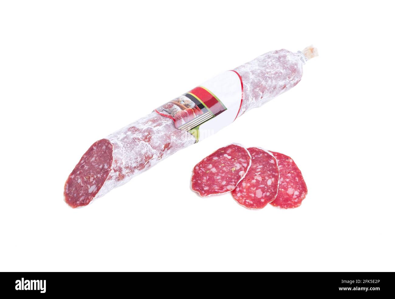 Delicious italian felino salami stick. Isolated on a white background. Stock Photo