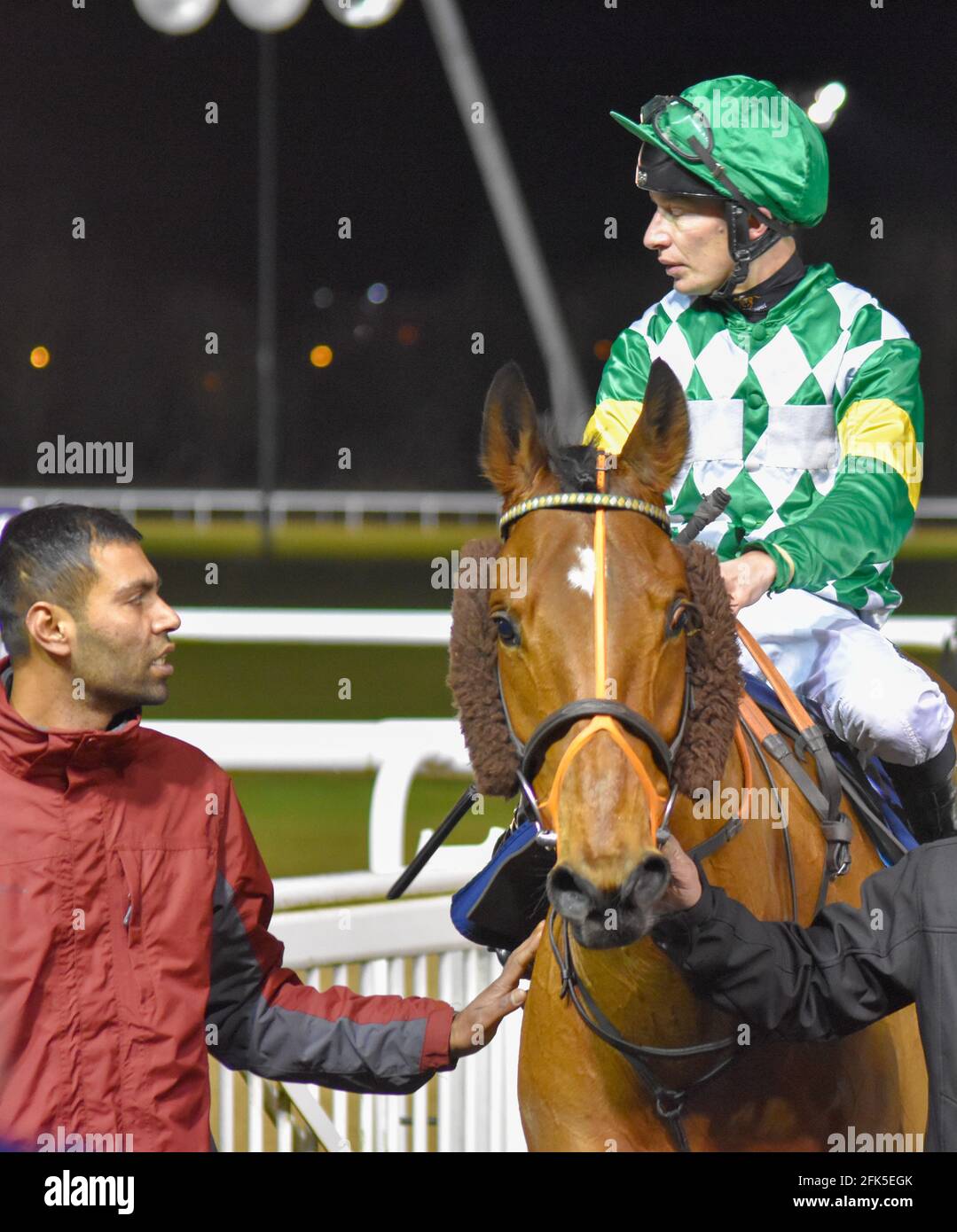 Night Horse Racing at Wolves Races, Wolverhampton Stock Photo