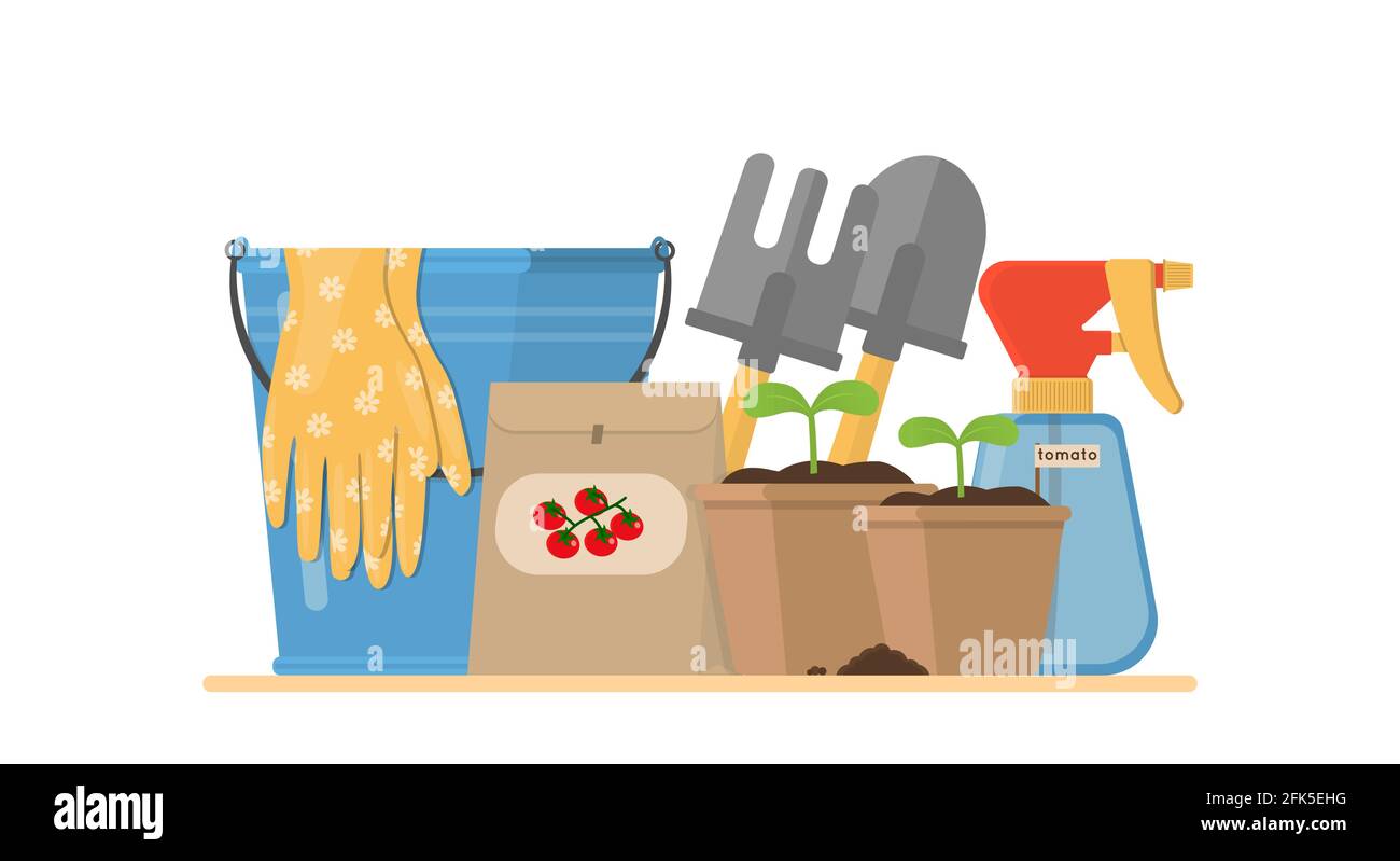 Composition with gardening tools isolated on white background. Stock Vector