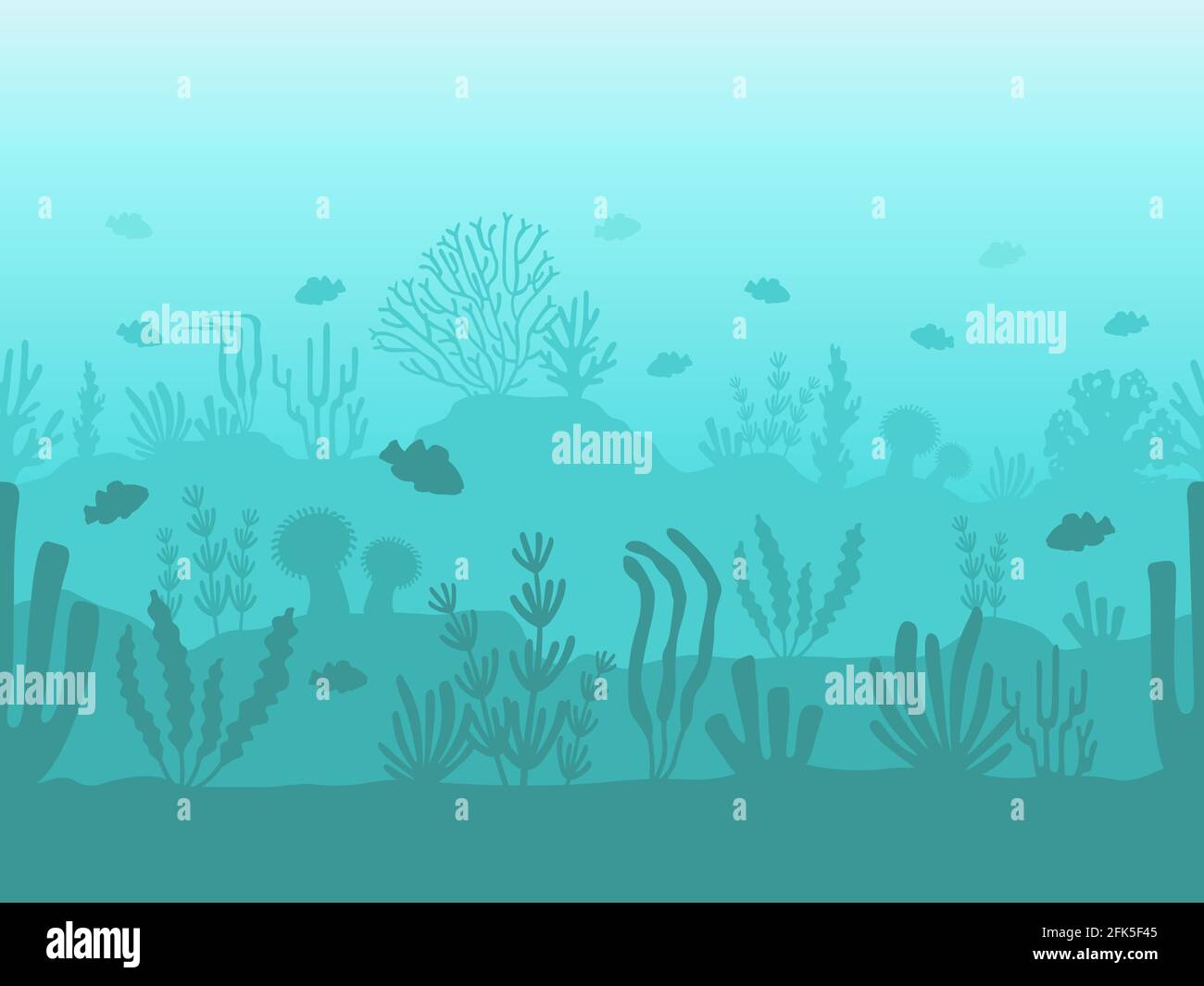 Seamless ocean bottom. Underwater coral reef silhouette with sea plants, fish and seaweed. Flat seascape with undersea life vector pattern Stock Vector