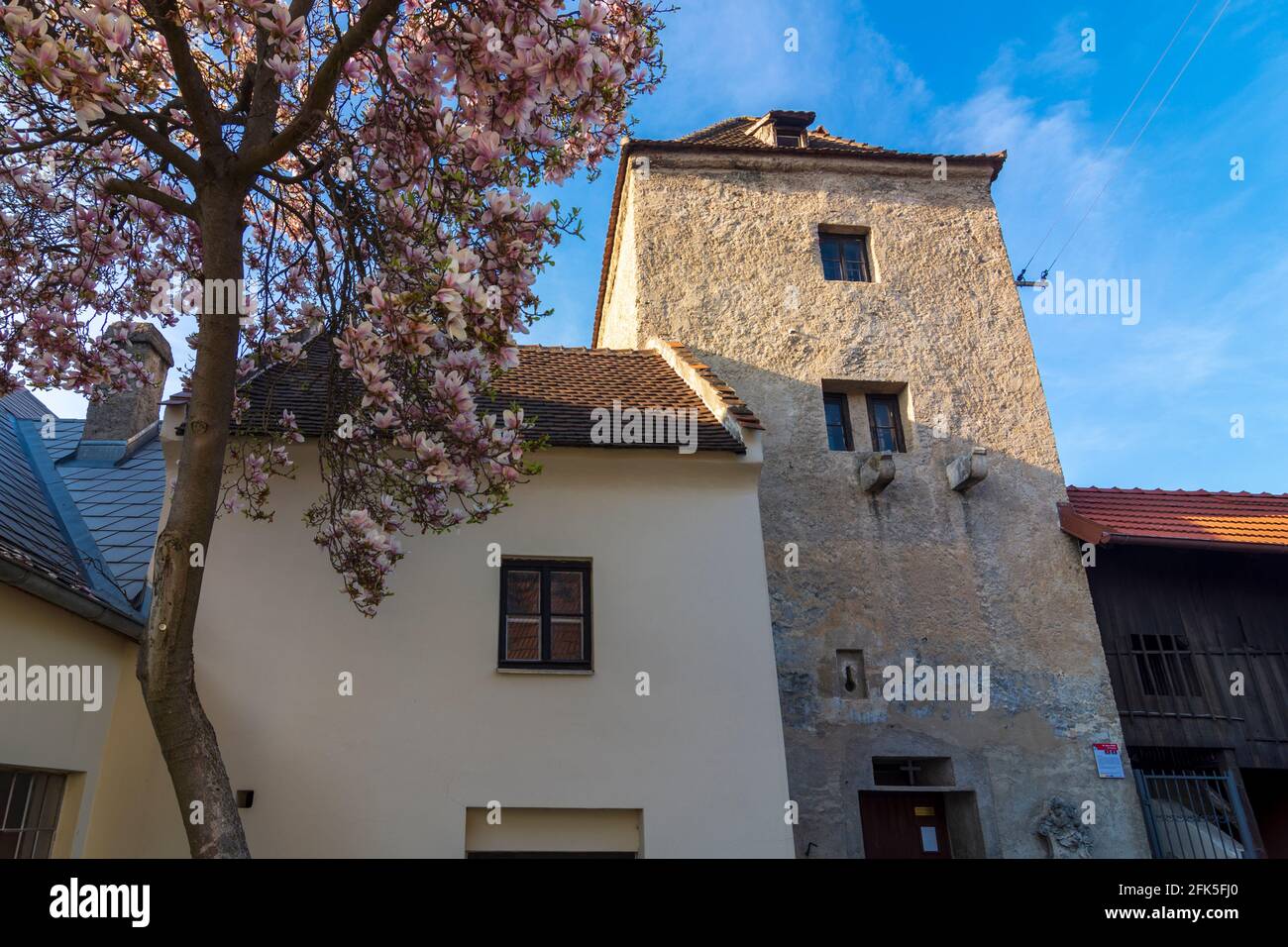 Traismauer: tower Hungerturm in Donau, Niederösterreich, Lower Austria, Austria Stock Photo