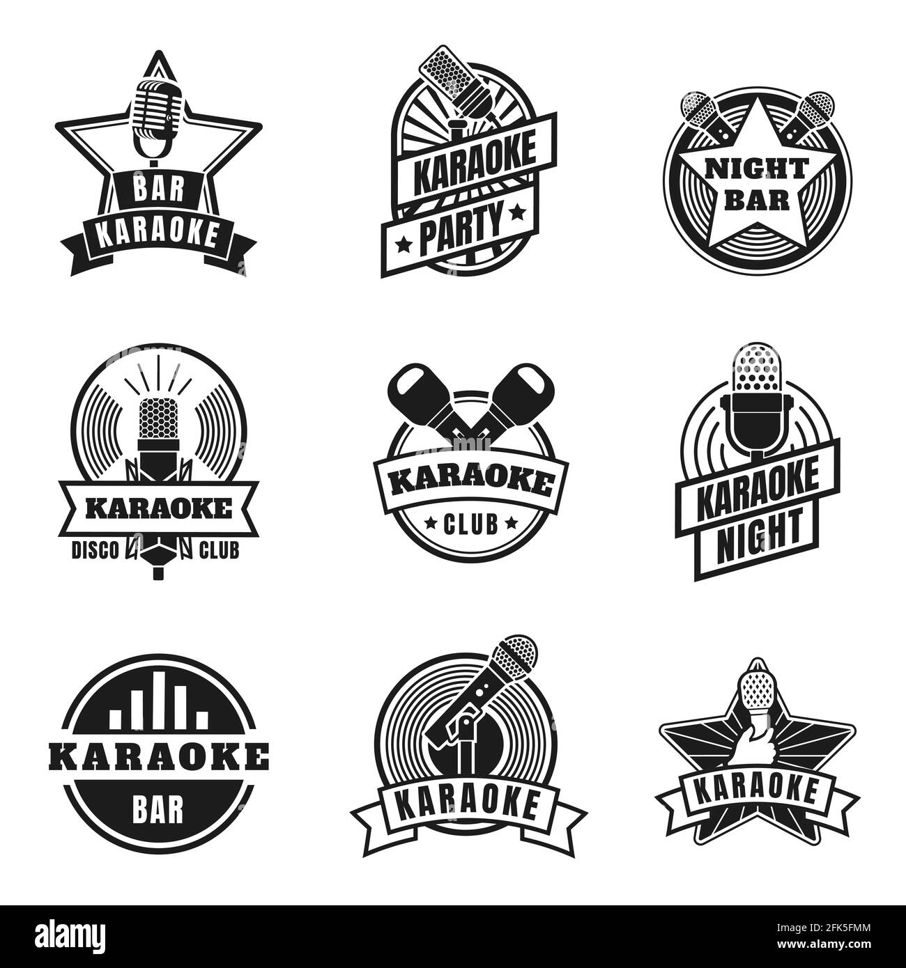 Karaoke emblems. Vintage labels with microphones for music karaoke night party. Retro silhouette singing club badges, mics logo vector set Stock Vector