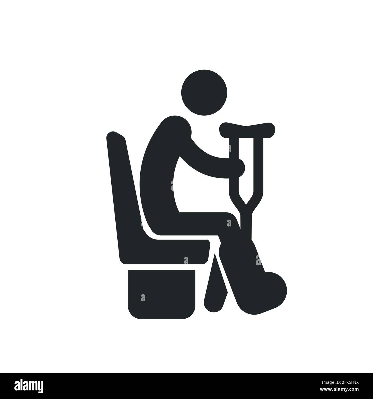 Sitting disabled man with a crutches, detailed black icon for public transport isolated on the white background Stock Vector