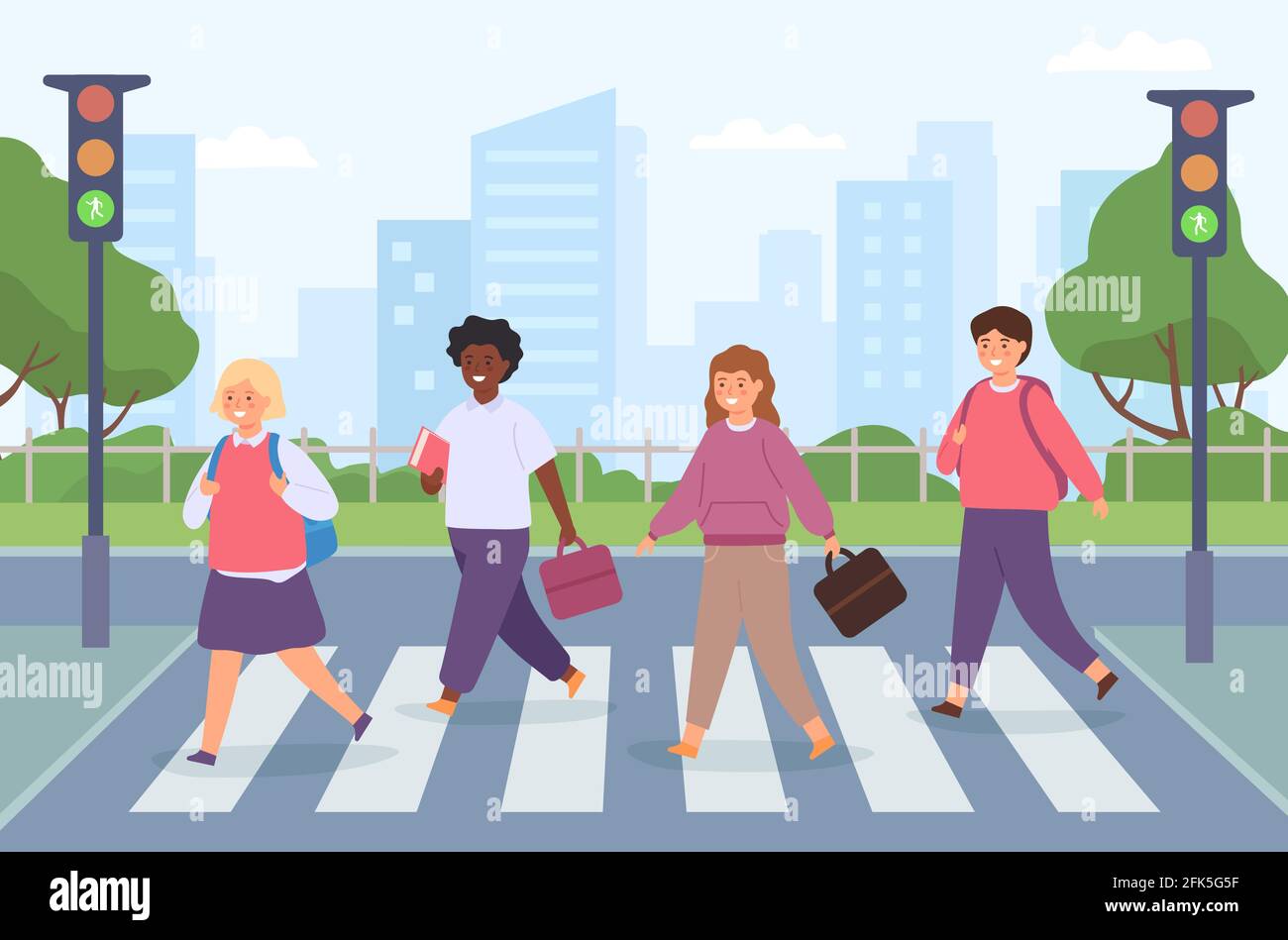 vector illustration of a schoolchildren crossing the road with the