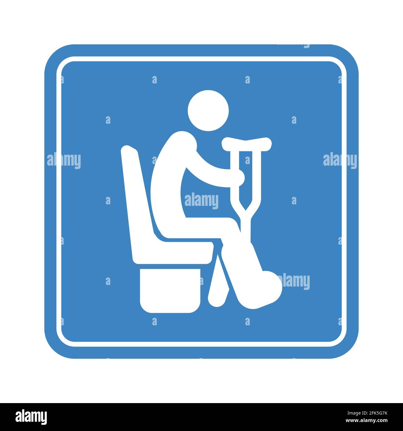 Sitting disabled man with a crutches, detailed blue icon for public transport isolated on the white background Stock Vector
