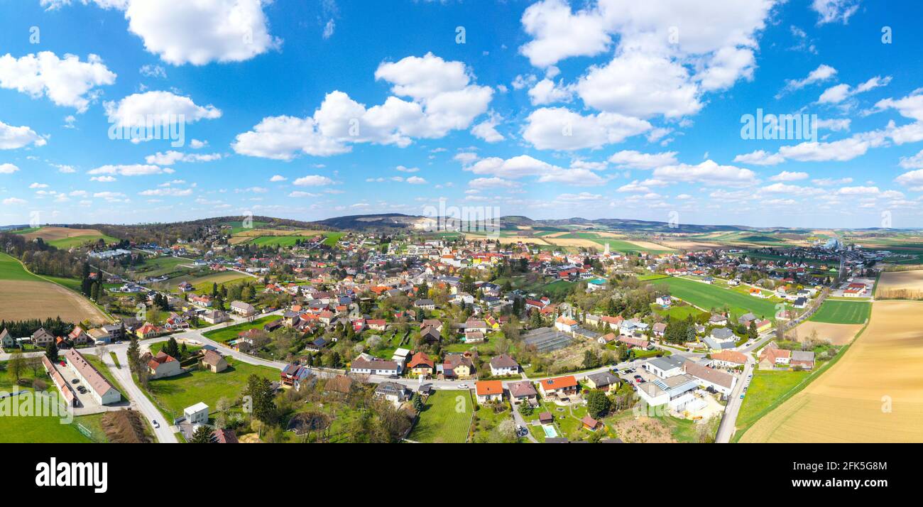 Ernstbrunn in the Korneuburg district. Panorama aerial view in the Weinviertel region in Lower Austria. Stock Photo