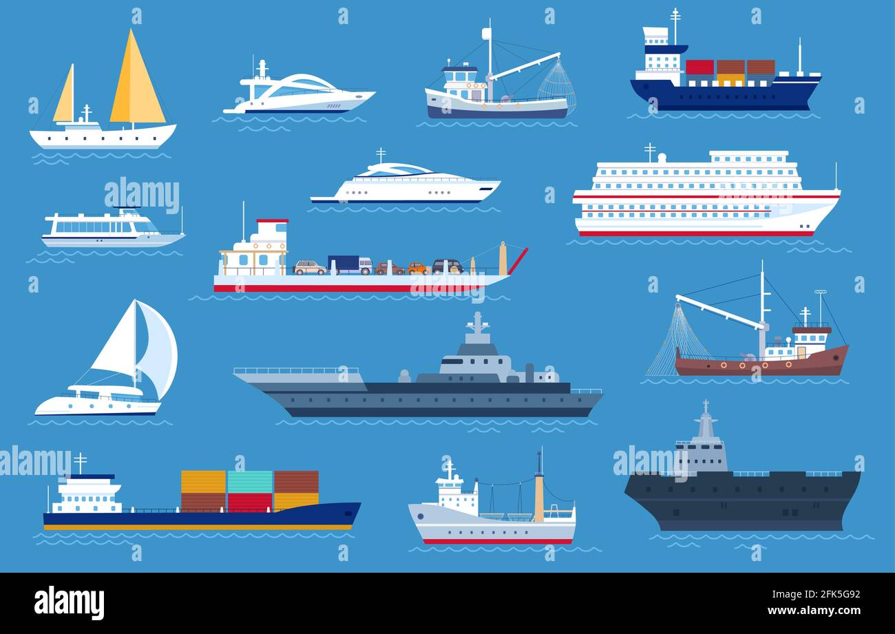 Sea boats. Fishing and cargo ships, yacht, shipping boat, cruise ocean liner, motorboat and military warship. Sailboat transport vector set Stock Vector