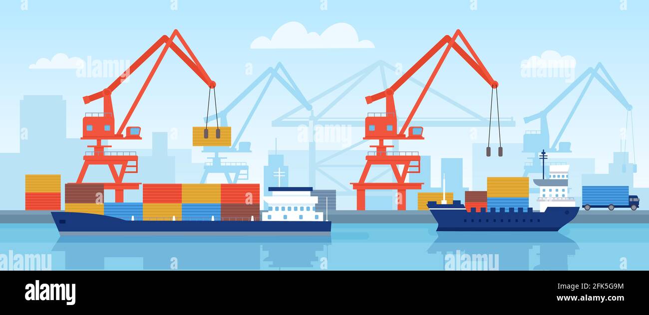 Cargo ship in port. Delivery maritime transport with containers loading in harbour with crane. Flat logistic or import by sea vector concept Stock Vector