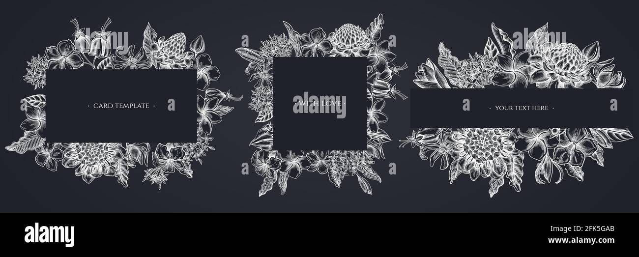 Floral frames with chalk plumeria, allamanda, clerodendrum, champak, etlingera, ixora Stock Vector