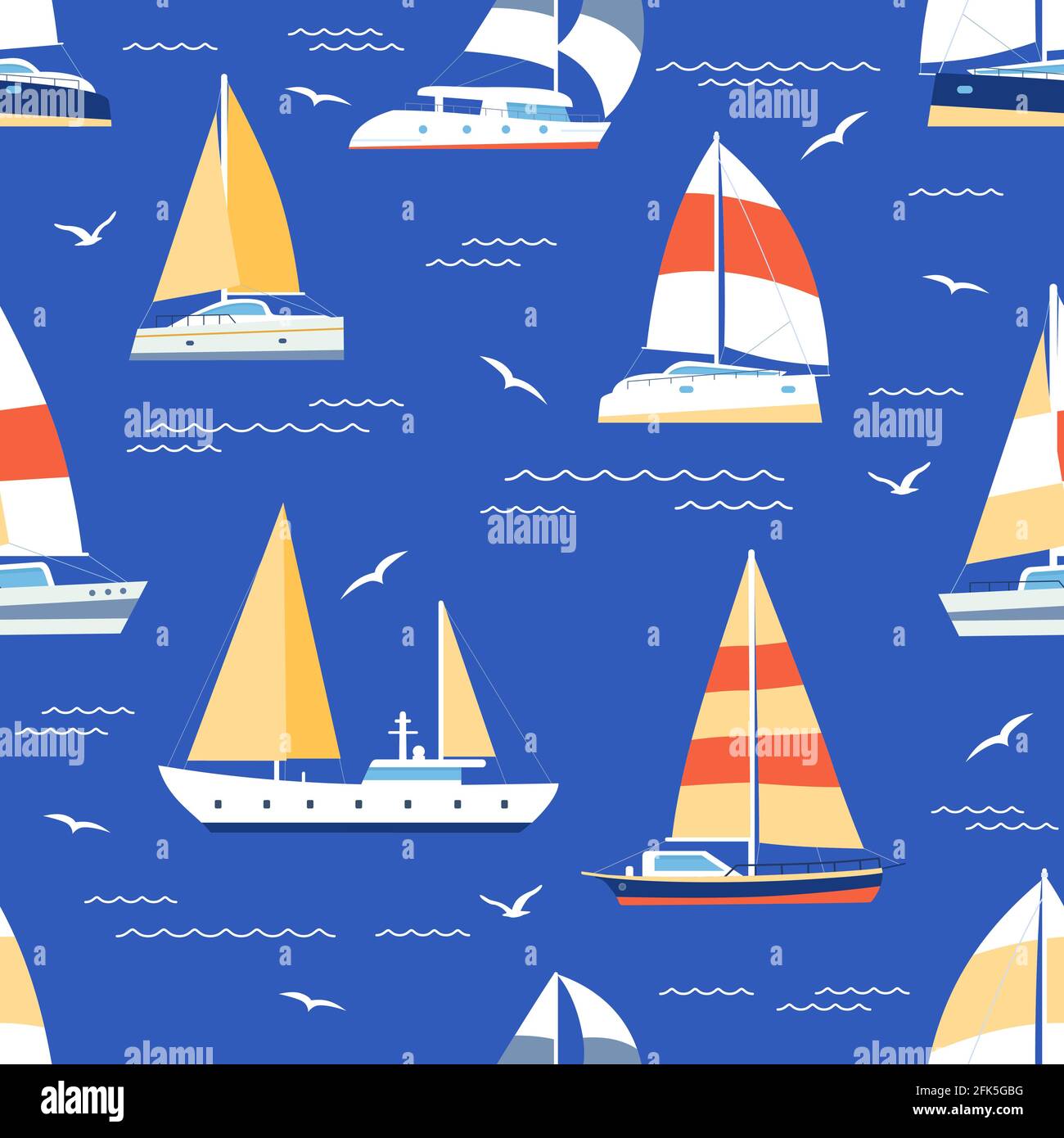 Boats seamless pattern. Summer marine print with sailboats and yacht on sea. Sailing regatta ships travel in blue ocean, flat vector texture Stock Vector