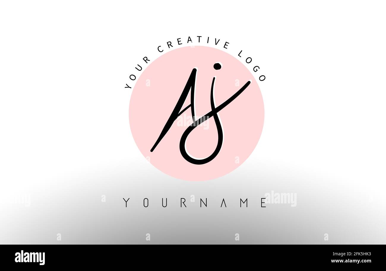 Handwritten Letters AJ a j Logo with rounded lettering and pink circle background design. Creative Stamp Vector Illustration with letters A and J. Stock Vector
