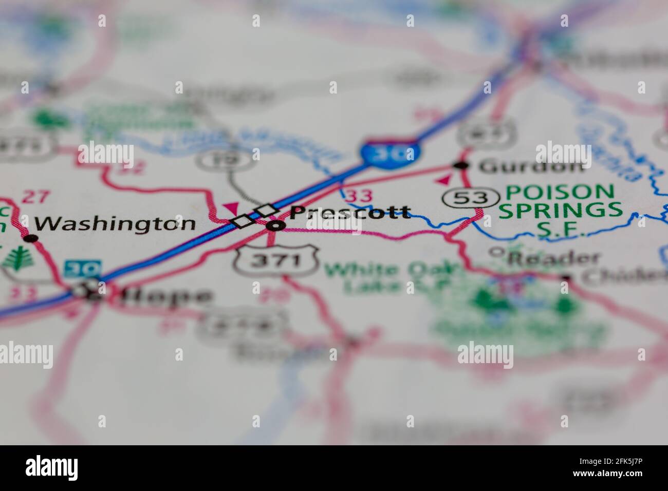 Prescott Arkansas USA shown on a geography map or road map Stock Photo
