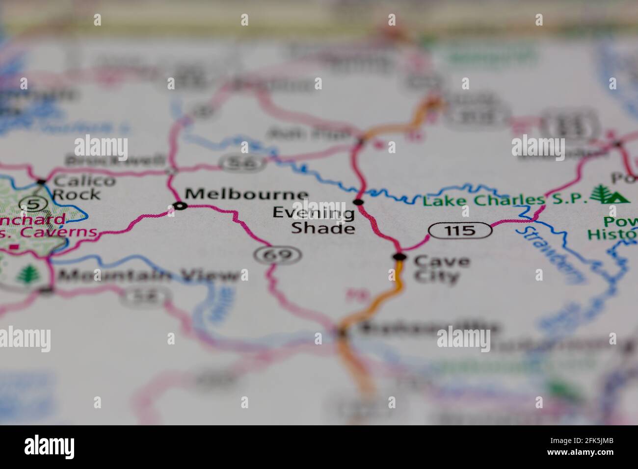 Evening Shade Arkansas USA shown on a geography map or road map Stock