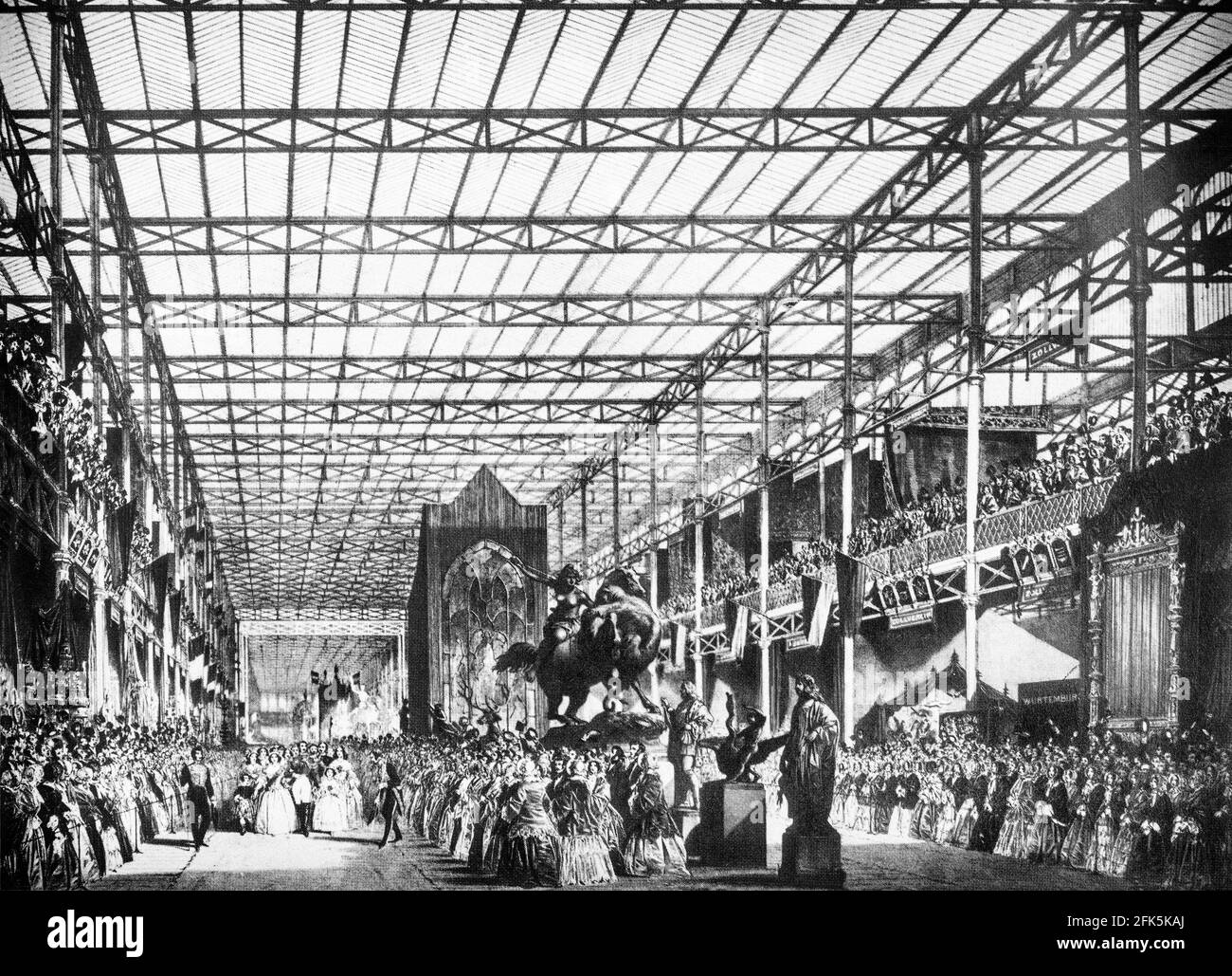 The royal party at the Great Exhibition, (sometimes referred to as the Crystal Palace Exhibition in reference to the temporary structure in which it was held). The international exhibition, took place in Hyde Park, London, from 1 May to 15 October 1851, the first in a series of World's Fairs, exhibitions of culture and industry that became popular in the 19th century. The Great Exhibition was organised by Henry Cole and by Prince Albert, husband of the reigning monarch of the United Kingdom, Queen Victoria. Stock Photo