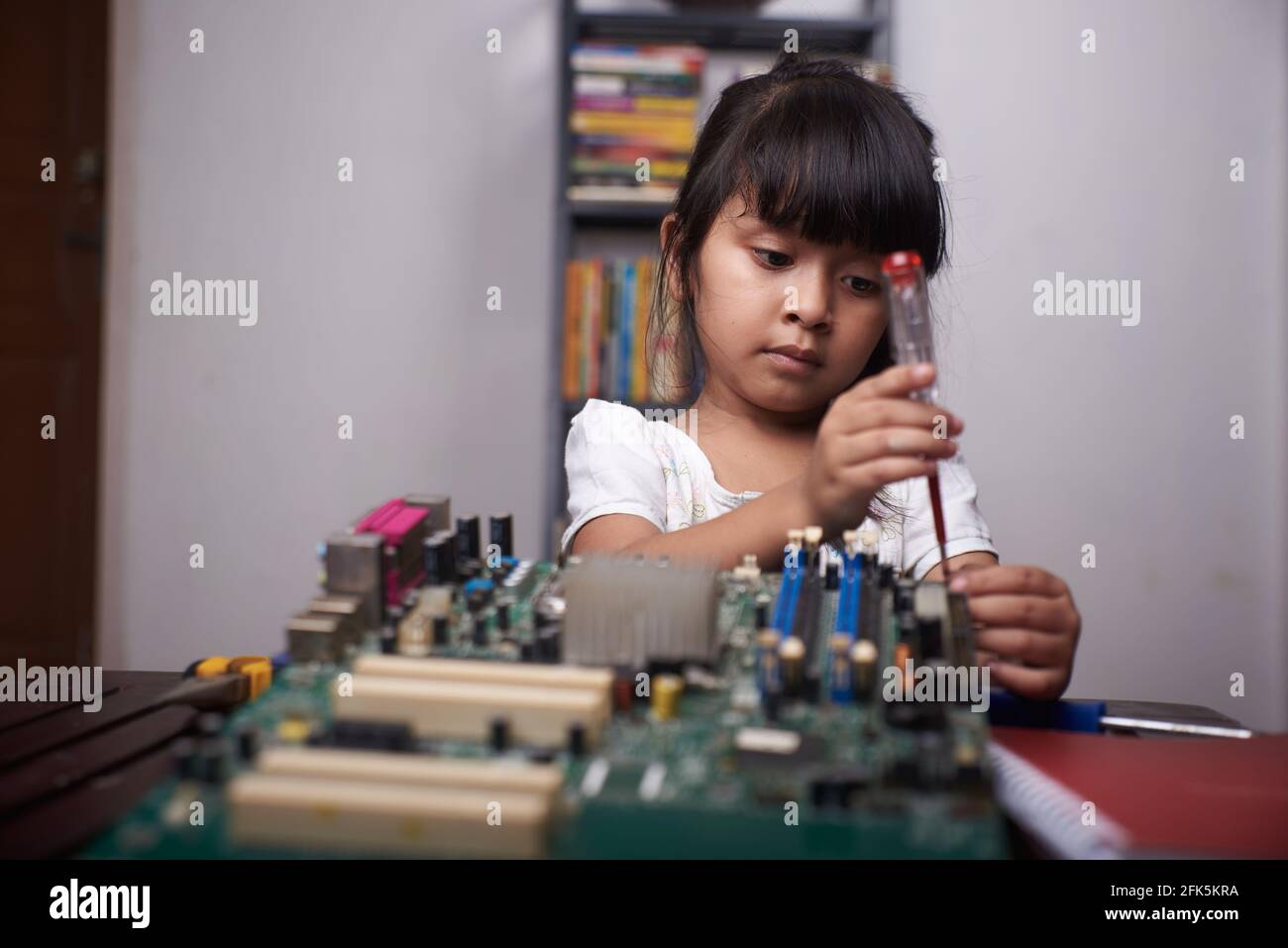 Little asian girl studying computer hardware Stock Photo - Alamy