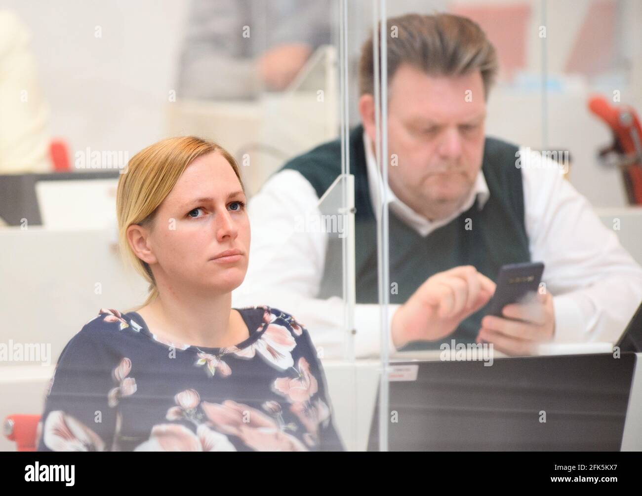 Potsdam, Germany. 28th Apr, 2021. Lena Duggen (AfD) follows the state  parliament session. Lars Hünich (AfD) is sitting behind her. Credit: Soeren  Stache/dpa-Zentralbild/dpa/Alamy Live News Stock Photo - Alamy