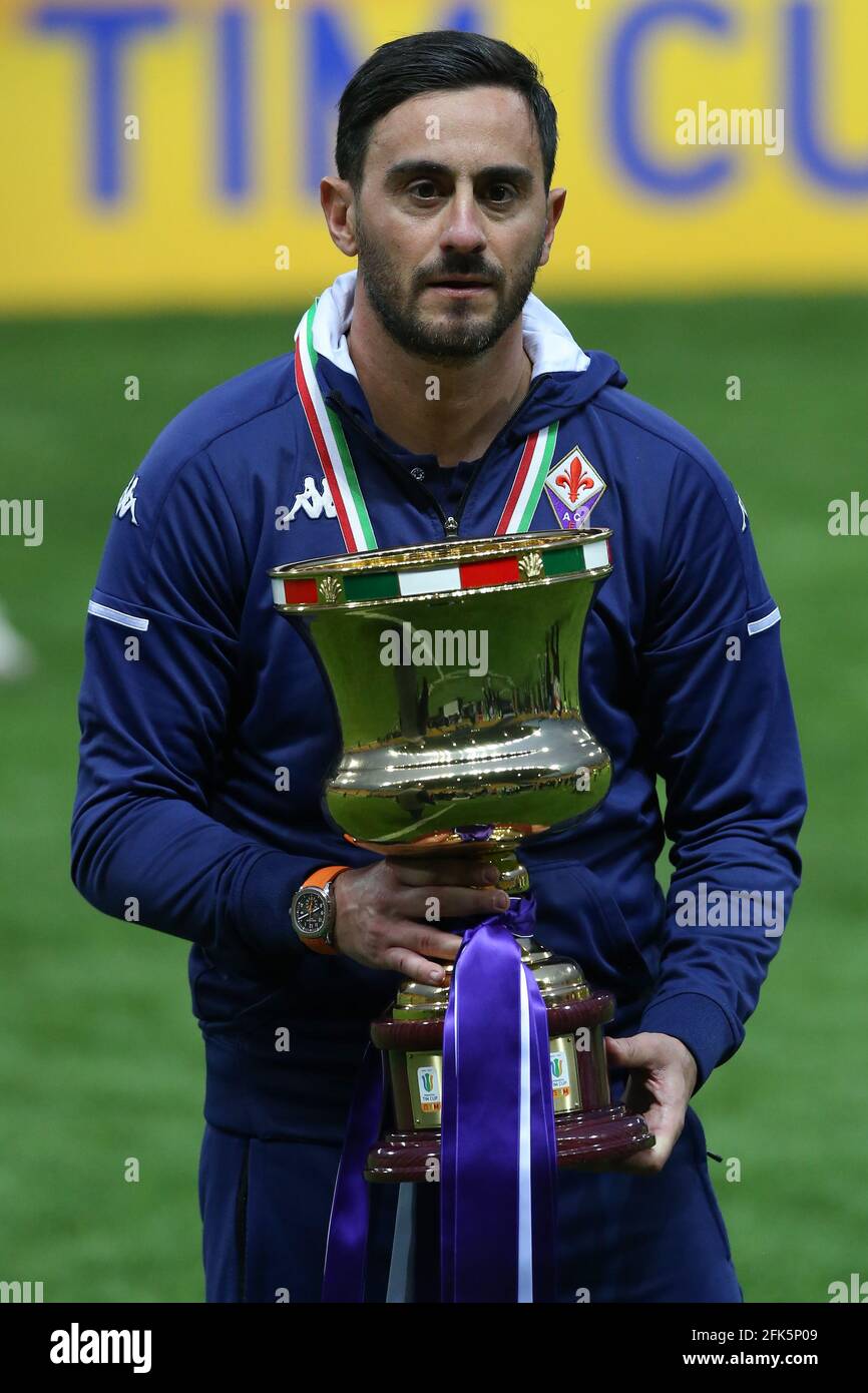 Parma, Italy, 28th April 2021. Alberto Aquilani Head coach of ACF Fiorentina poses with the trophy following the 2-1 victory in the Primavera Coppa Italia match at Stadio Ennio Tardini, Parma. Picture credit should read: Jonathan Moscrop / Sportimage Stock Photo
