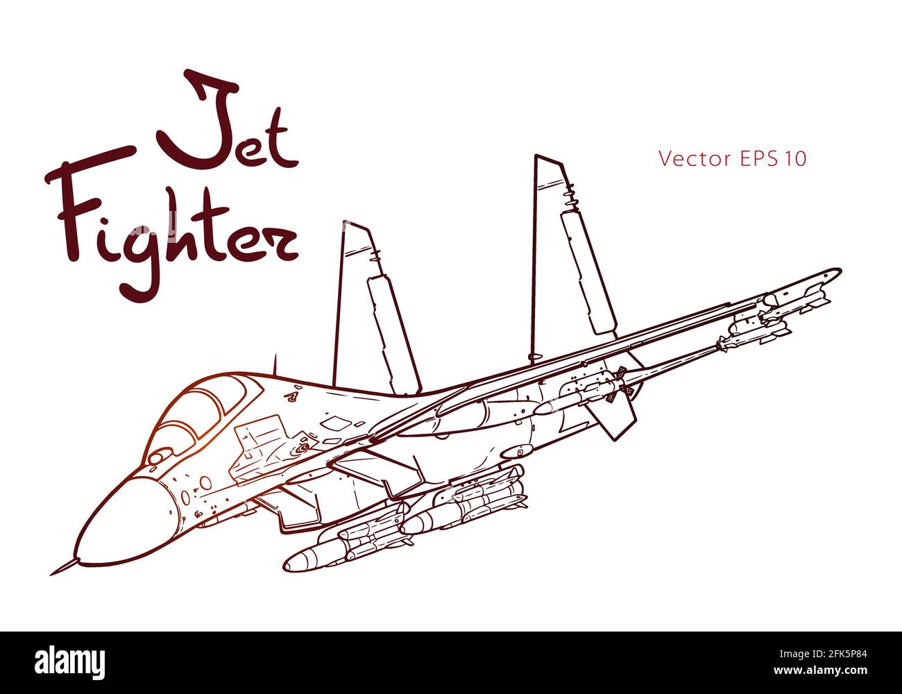 Flight of the newest russian jet fighter aircraft. Vector freehand draw. Black lines isolated on white background. Stock Vector