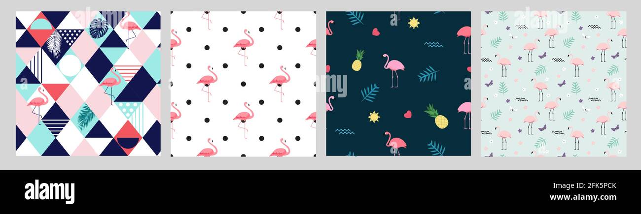 Pink Flamingo Seamless Pattern Background summer collection set. Vector ...