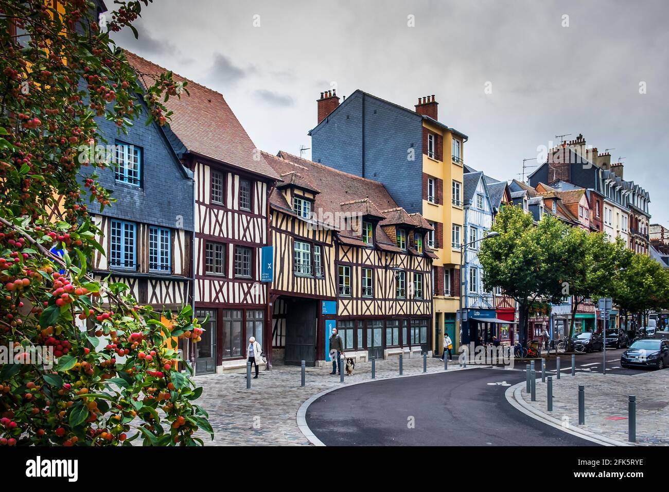 Rouen, France, Oct 2020, view of Rue Martainville a cobblestoned street in the pedestrian centre with medieval half-timbered houses Stock Photo