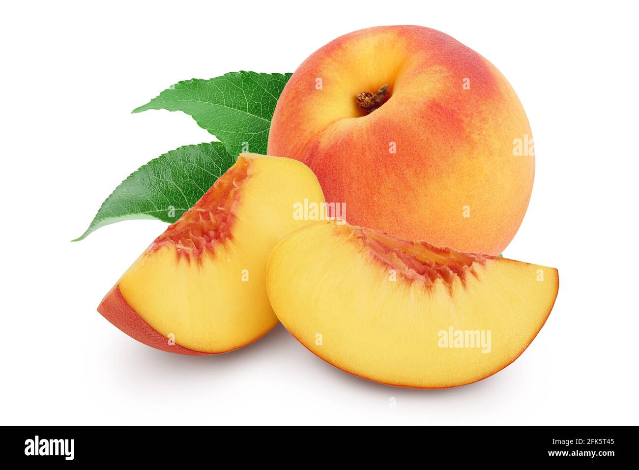 Ripe peach slices isolated on white background with clipping path and ...