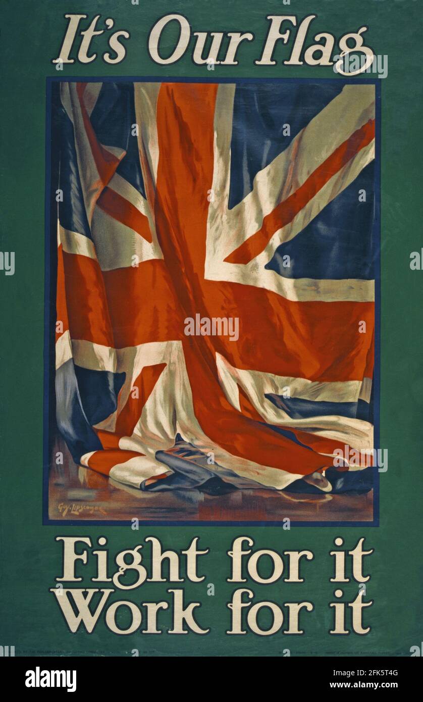 A vintage British propaganda poster with the Union Jack and the slogan Its our Flag - Work For It, Fight For It Stock Photo