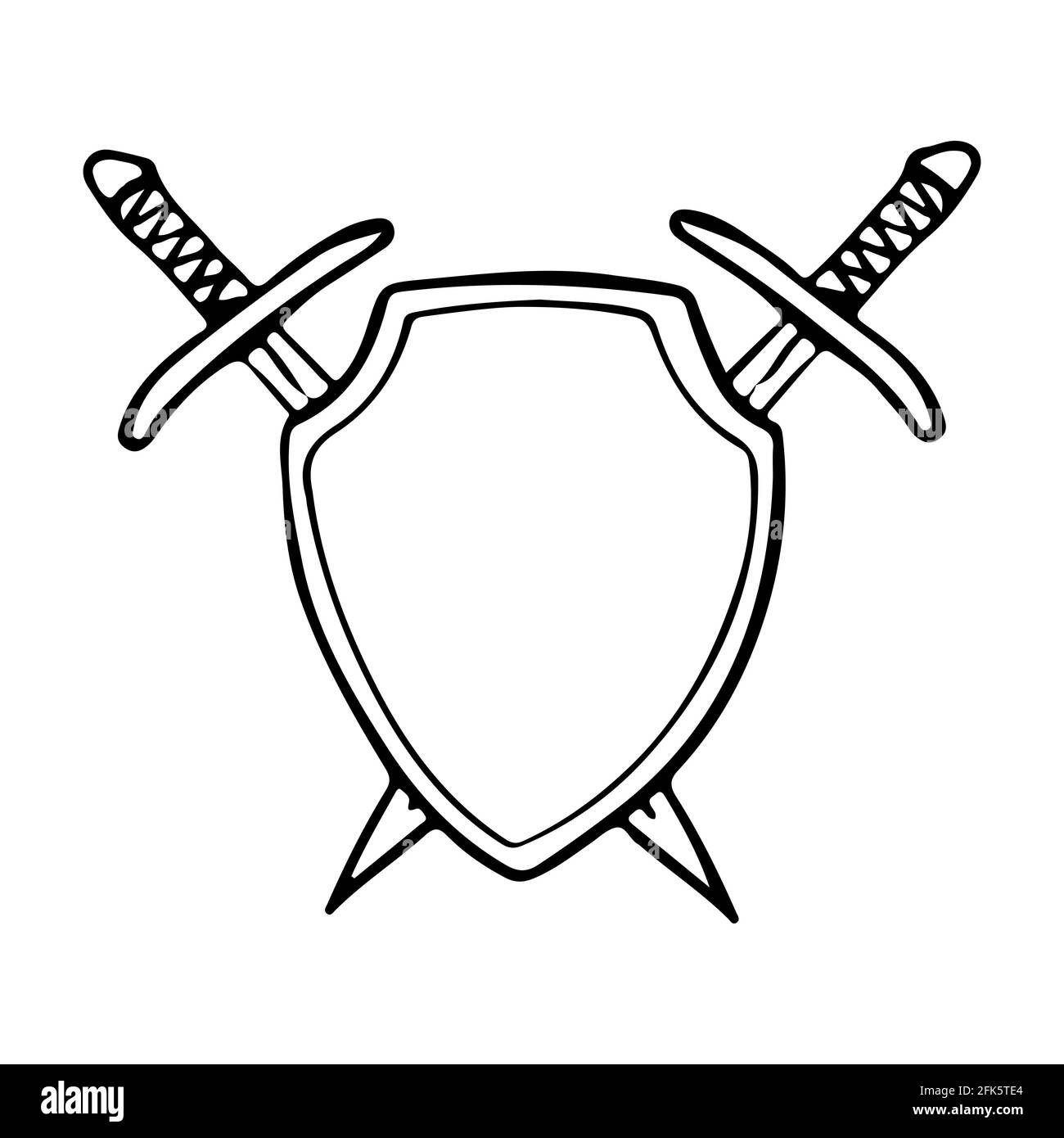 Crossed swords with steel shield in doodle style isolated Stock Vector
