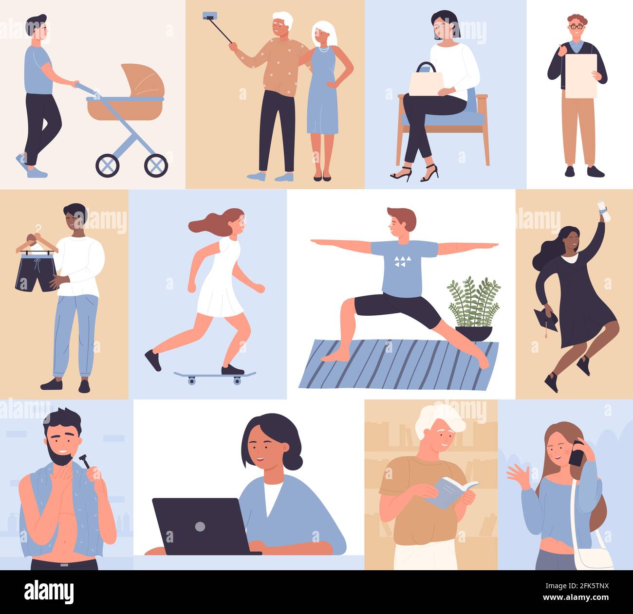 People daily activity set, active everyday life routine scenes, male female characters Stock Vector