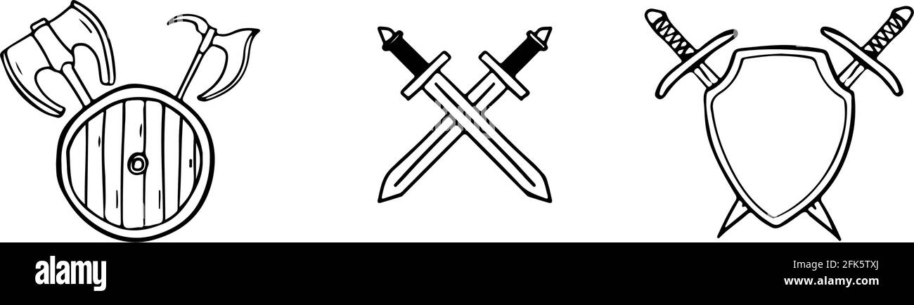 Set of medieval weapons of swords, axes crossed behind the shield in doodle style isolated Stock Vector