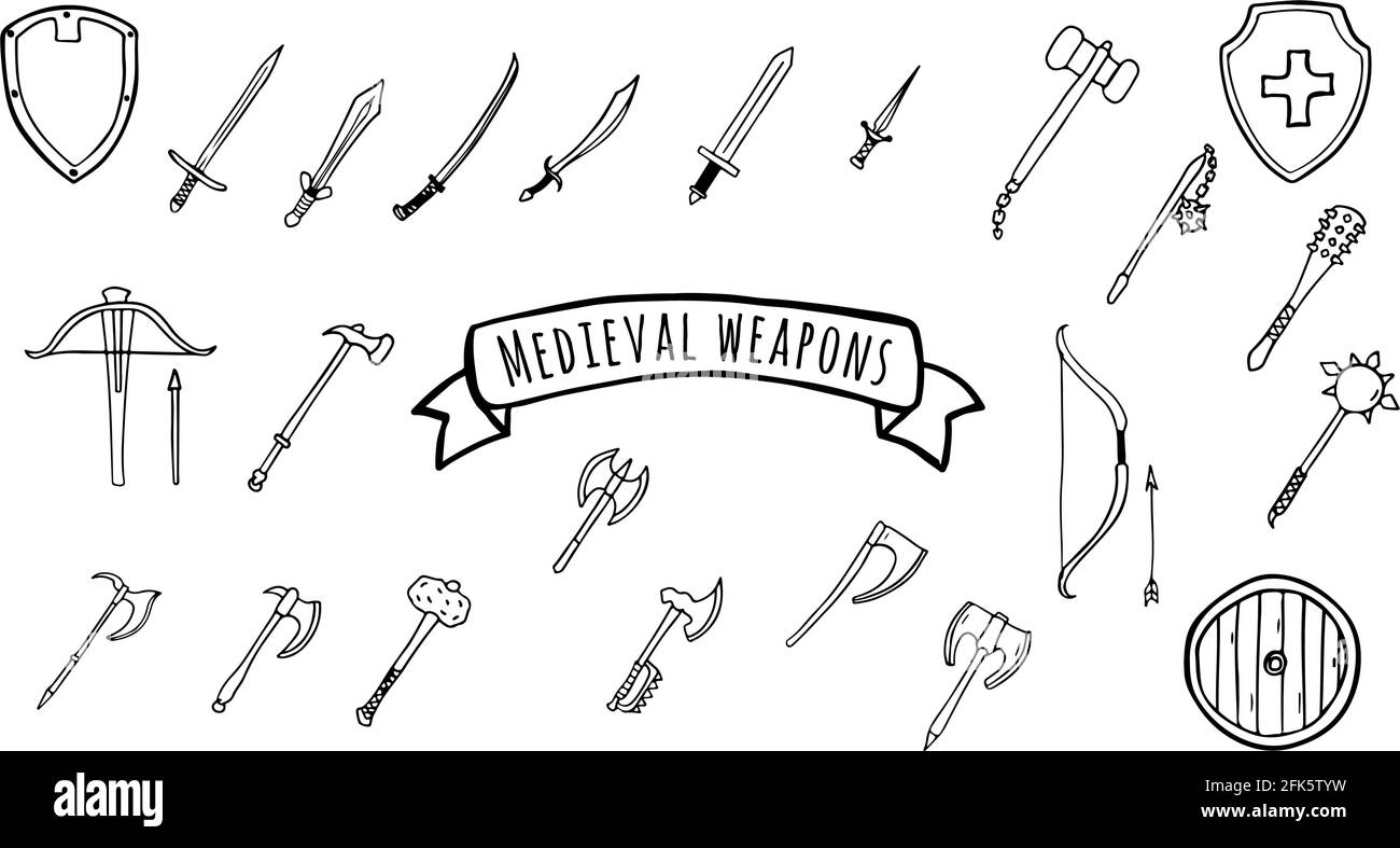 Medieval weapon set of swords, axes, hammers, shields in doodle style isolated Stock Vector