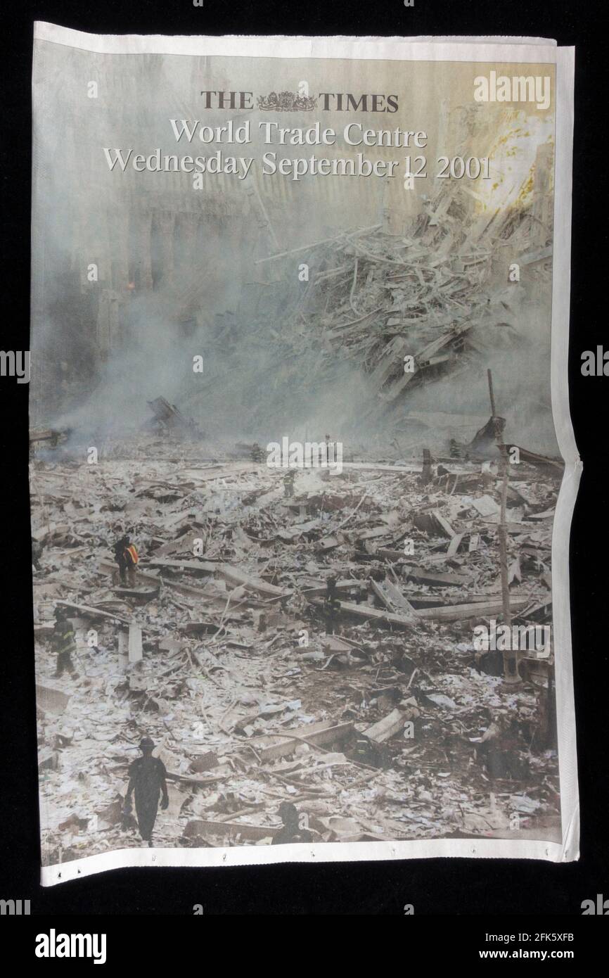 Double page image of the World Trade Centre following the terrorist attacks on the United States on 11th September 2001 in The Times (UK). Stock Photo