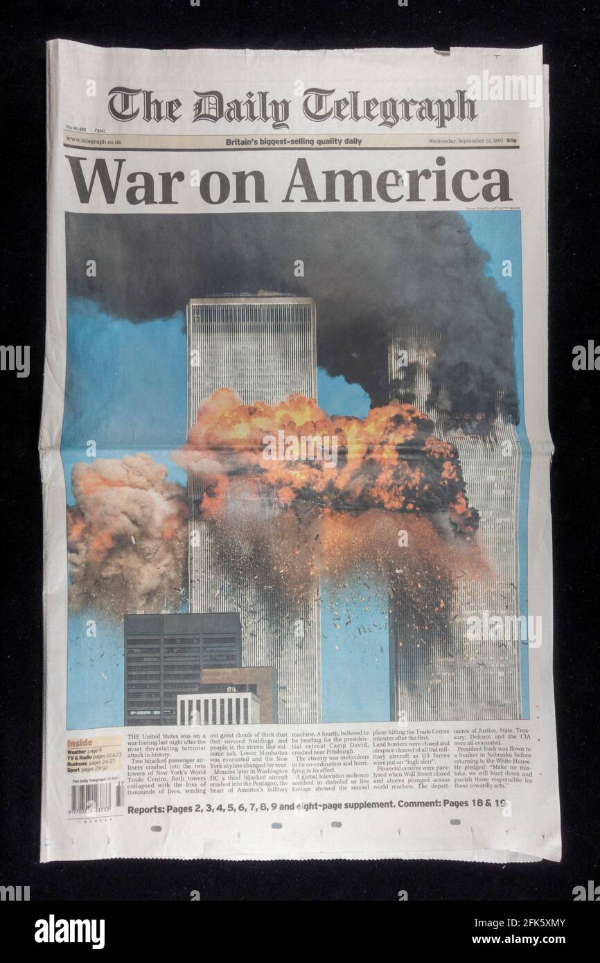 Front page of The Daily Telegraph (UK) following the terrorist attacks on the United States on 11th September 2001. Stock Photo