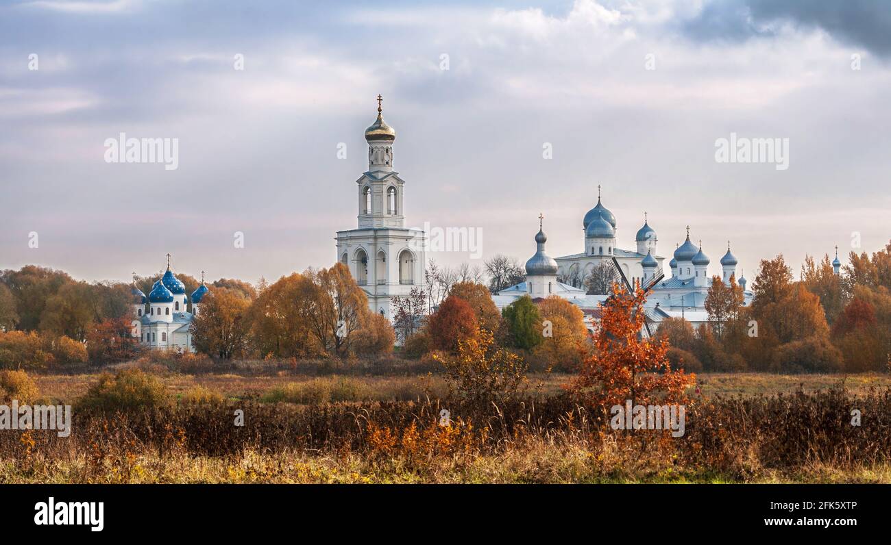 Panoramic view of the Yuriev (St. George) Monastery, Novgorod the Great, Russia. Autumn landscape Stock Photo