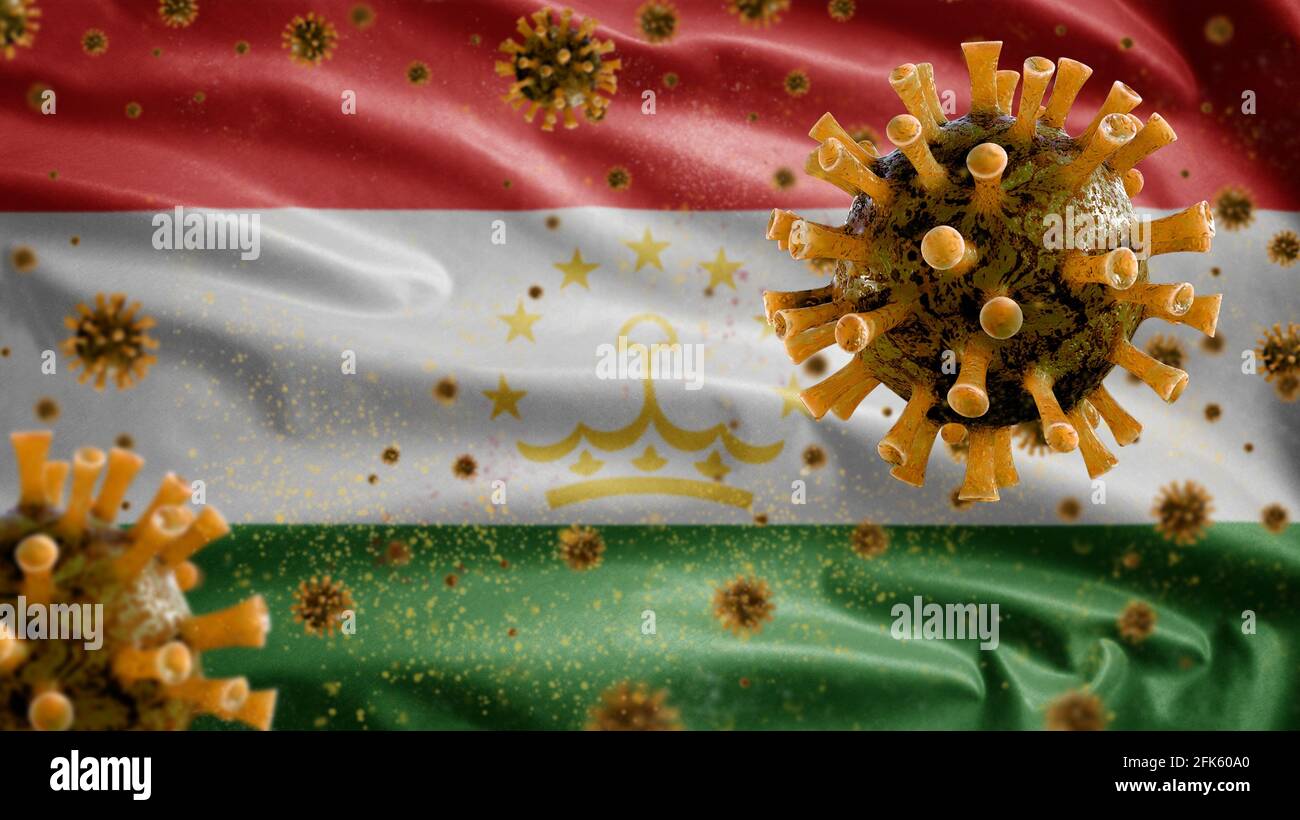 3D, Tajikistani flag waving with coronavirus outbreak infecting respiratory system as dangerous flu. Influenza type Covid 19 virus with national Tajik Stock Photo