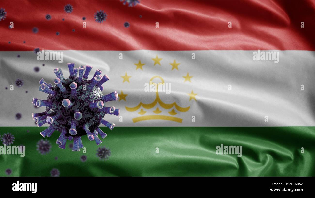 3D, Tajikistani flag waving and Coronavirus 2019 nCov concept. Asian outbreak in Tajikistan, coronaviruses influenza as dangerous flu strain cases as Stock Photo