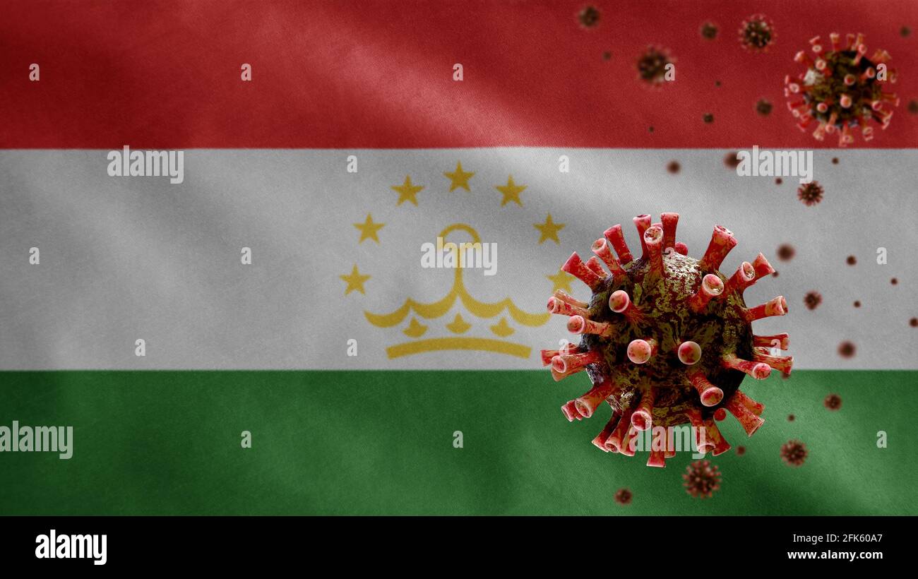 3D, Tajikistani flag waving with coronavirus outbreak infecting respiratory system as dangerous flu. Influenza type Covid 19 virus with national Tajik Stock Photo