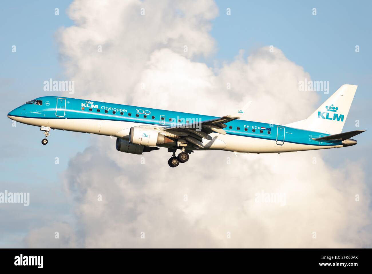 AMSTERDAM, NETHERLANDS - Sep 12, 2020: KLM (KL / KLM) approaching Amsterdam Schiphol Airport (EHAM/AMS) with an Embraer E190 (PH-EZK/19000326). Stock Photo