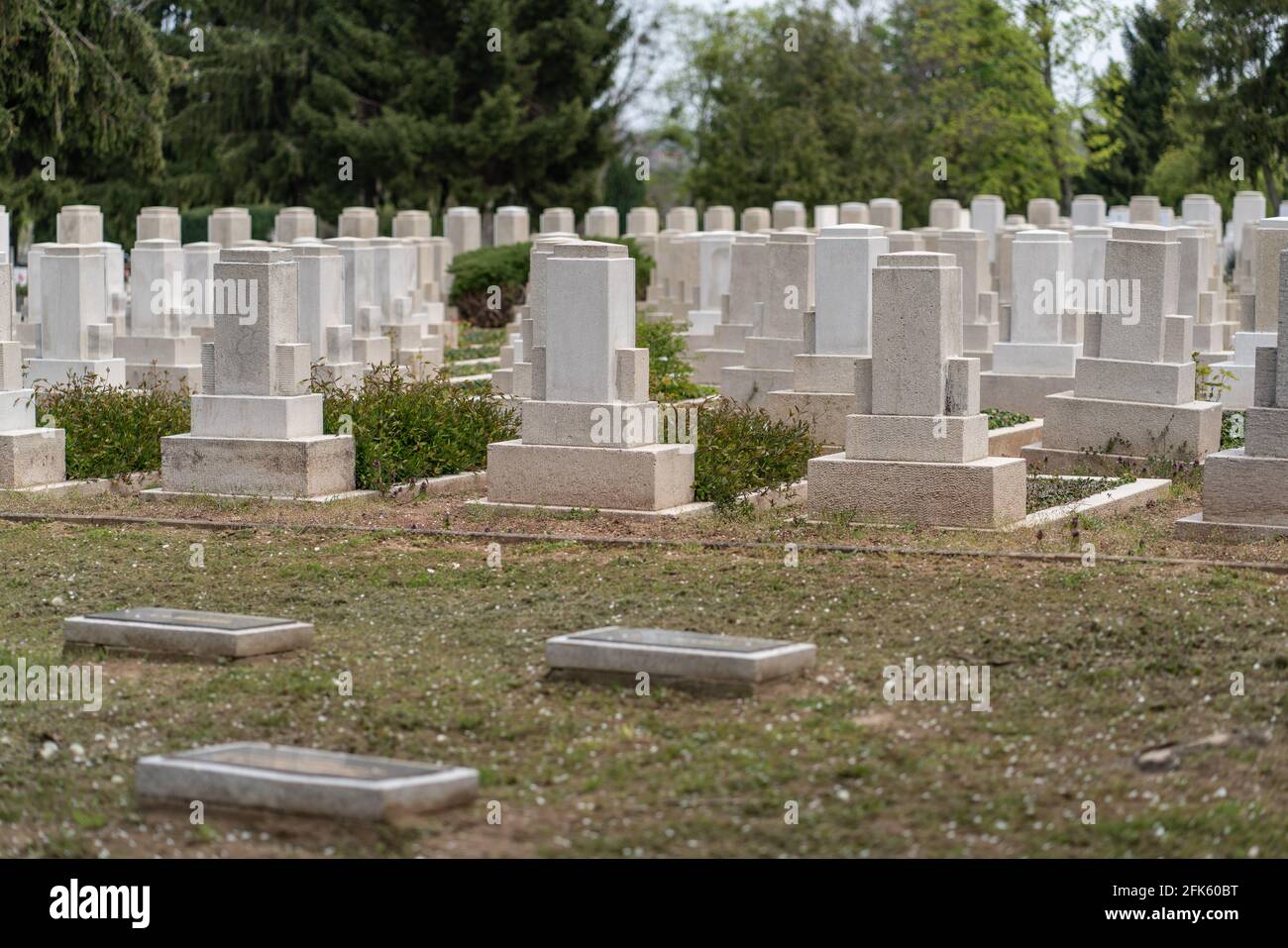 Many tombs in rows, Russian graves on military  cemetery Stock Photo