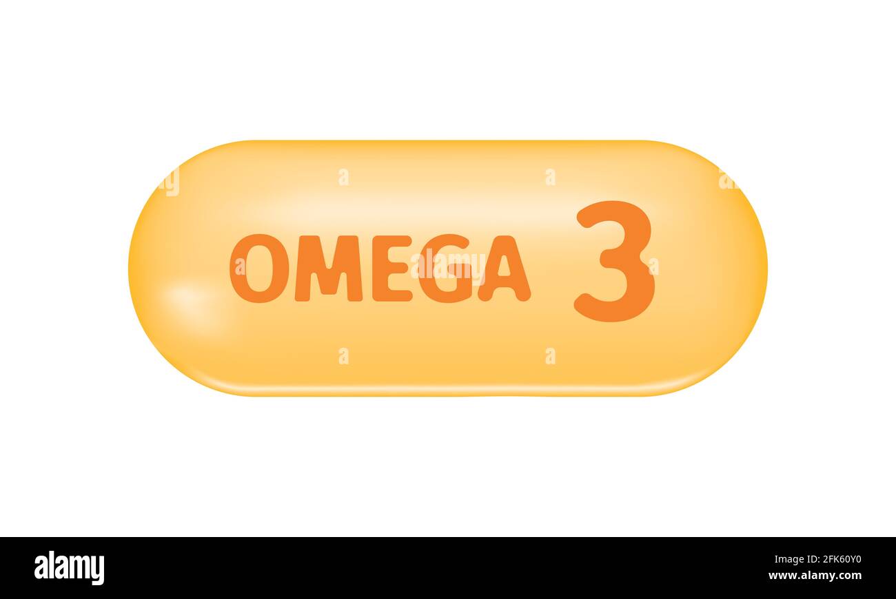 Golden capsule with text Omega 3. Pill of fish oil, polyunsaturated
