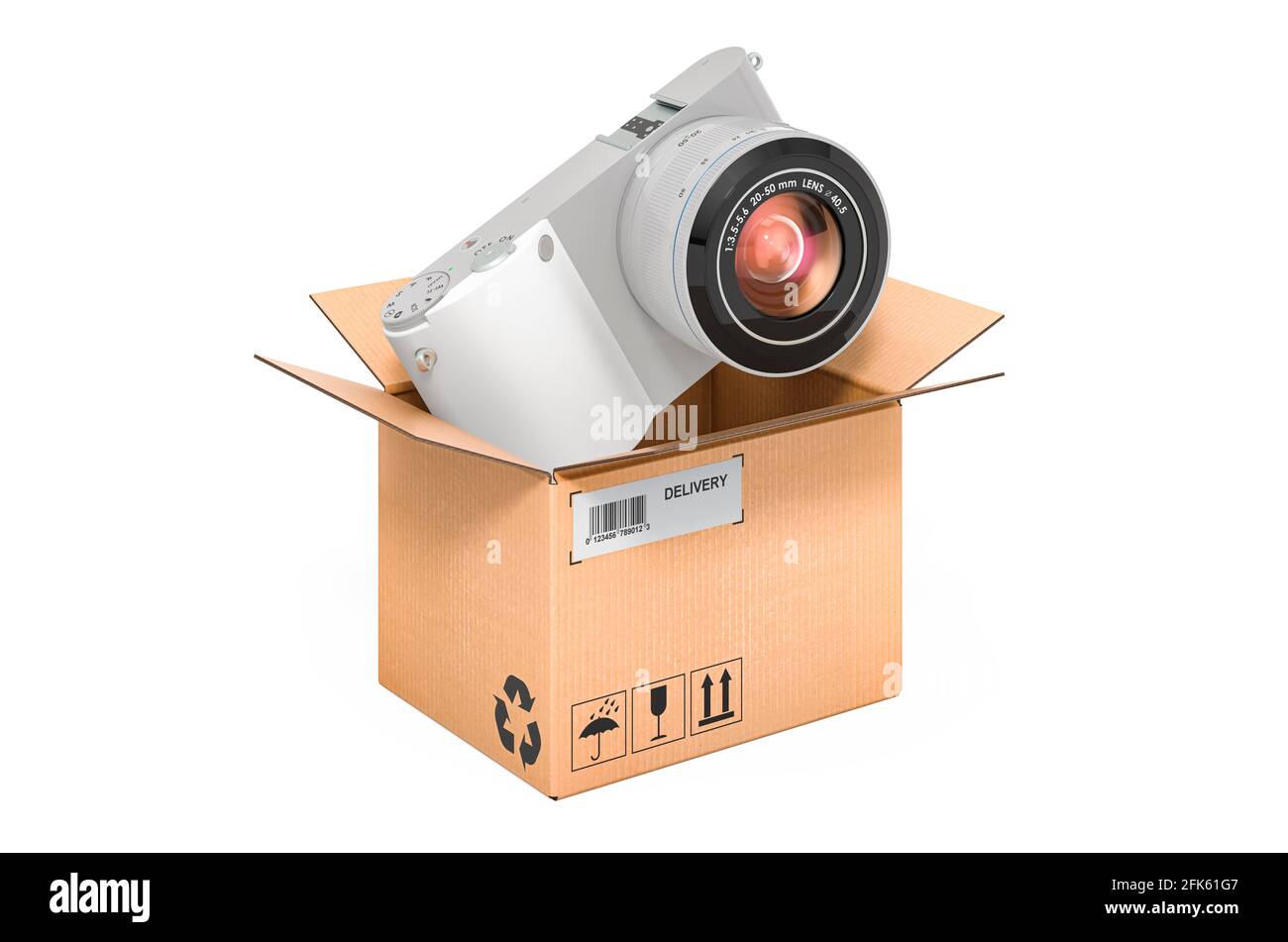 Mirrorless digital camera inside cardboard box, delivery concept. 3D ...