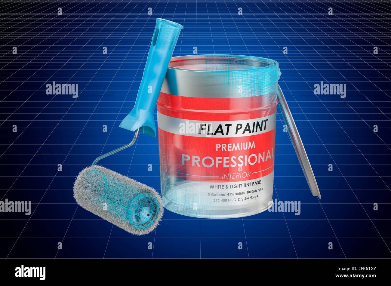 Visualization 3d cad model of paint can and roller brush, blueprint. 3D
