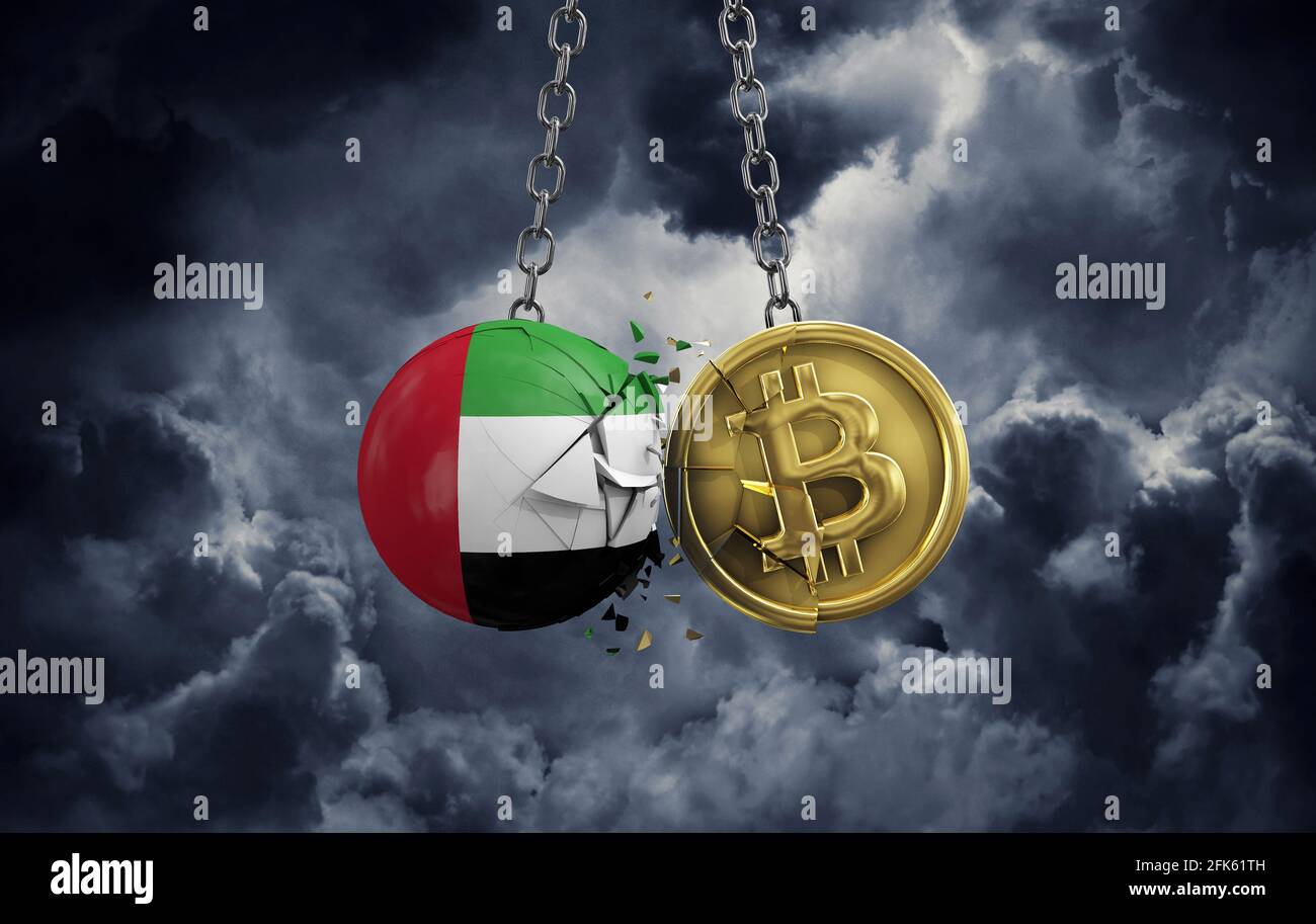 UAE flag smashing into a gold bitcoin crypto coin. 3D Rendering Stock Photo  - Alamy