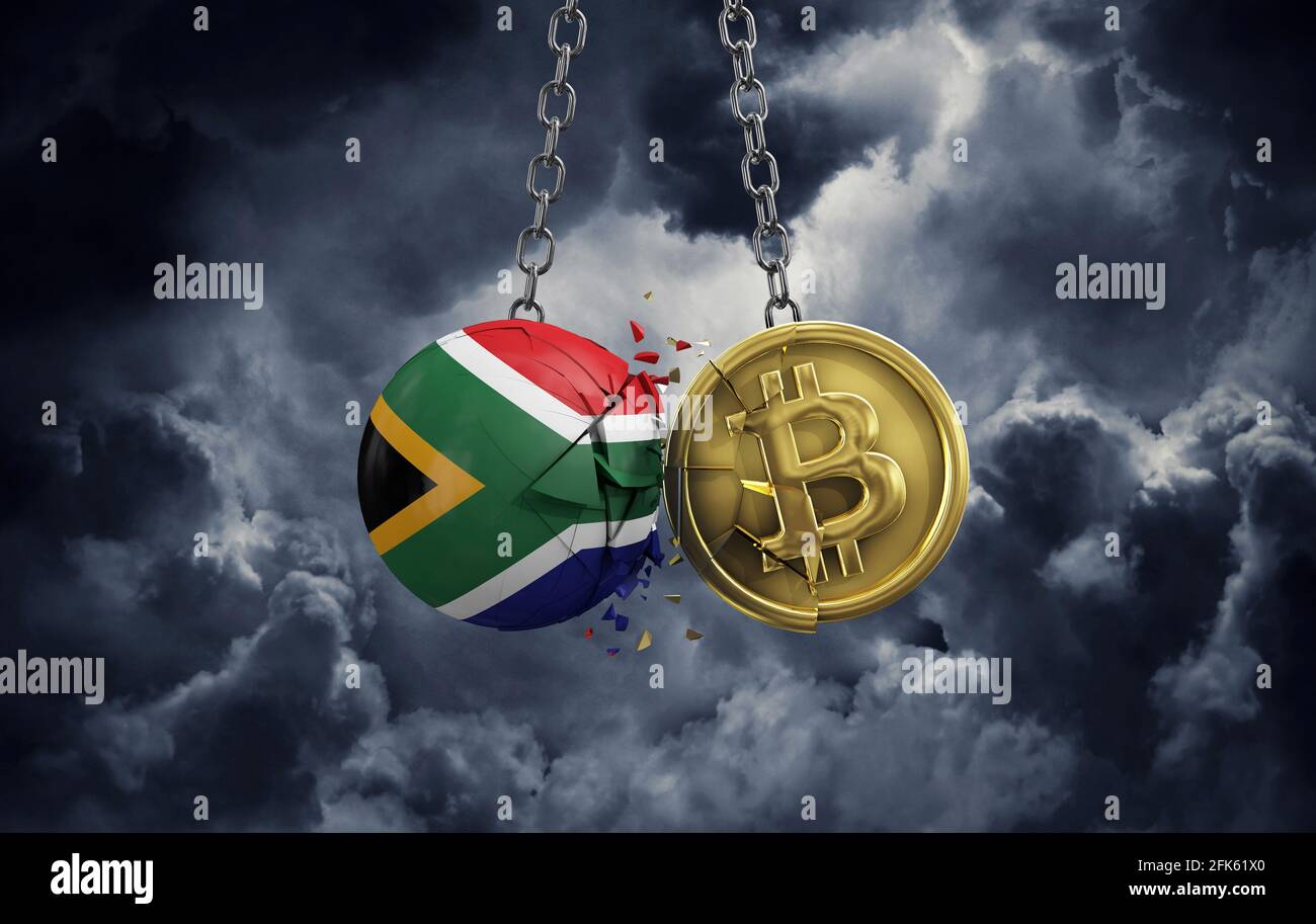 South Africa flag smashing into a gold bitcoin crypto coin. 3D Rendering  Stock Photo - Alamy