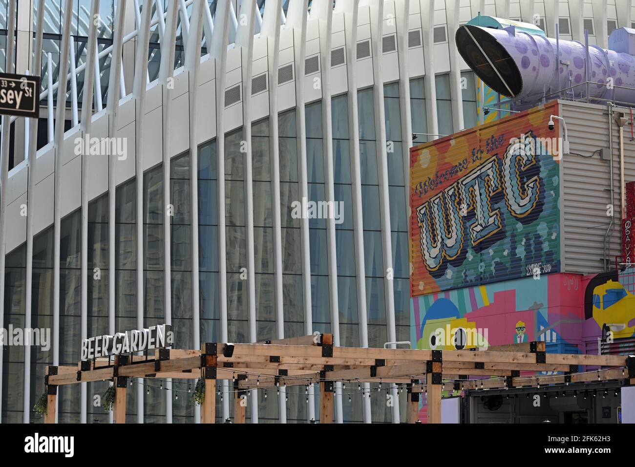 Exterior view of the Oculus Beer Garden, located at Two World Trade