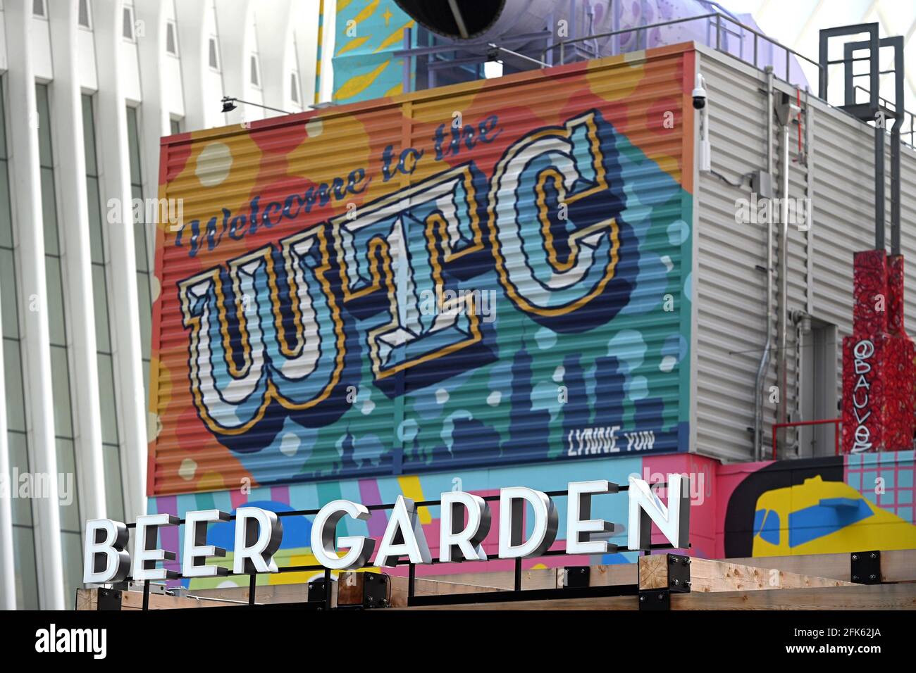 New York, USA. 28th Apr, 2021. Exterior view of the Oculus Beer Garden