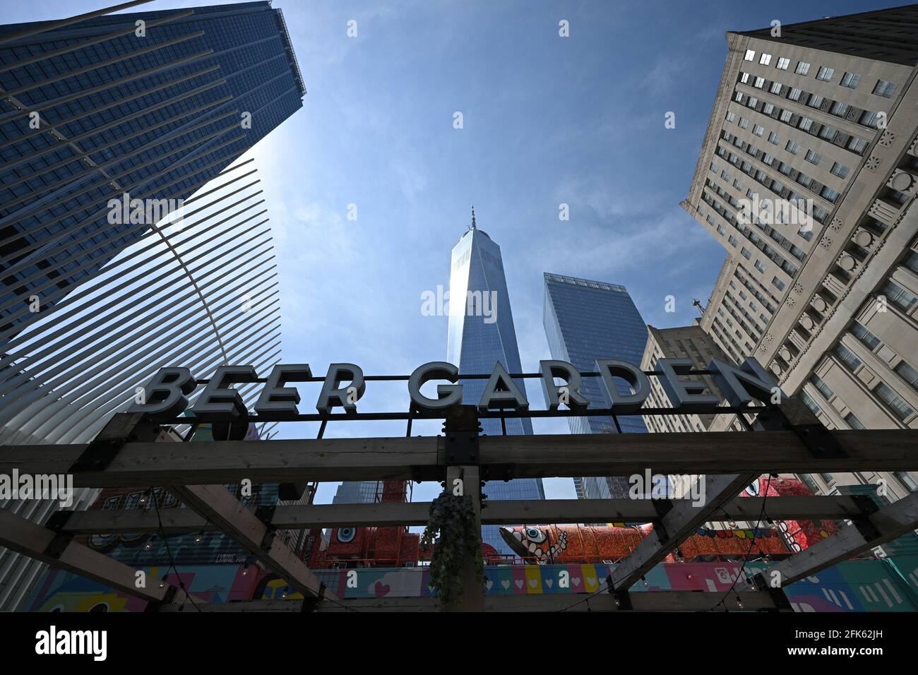 New York, USA. 28th Apr, 2021. Exterior view of the Oculus Beer Garden