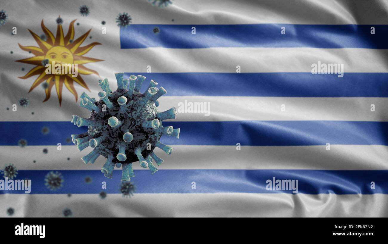 3D, Uruguayan flag waving and Coronavirus 2019 nCov concept. Asian outbreak in Uruguay, coronaviruses influenza as dangerous flu strain cases as a pan Stock Photo
