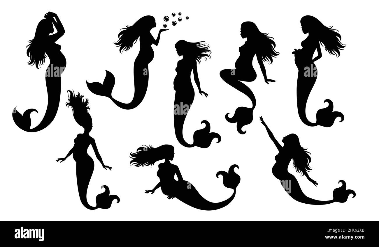 Set of vector silhouettes of pregnant mermaid.  Stock Vector