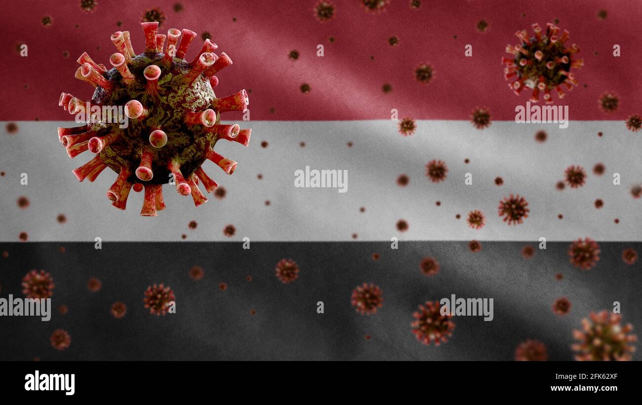 3D, Flu coronavirus floating over Yemeni flag, a pathogen that attacks ...
