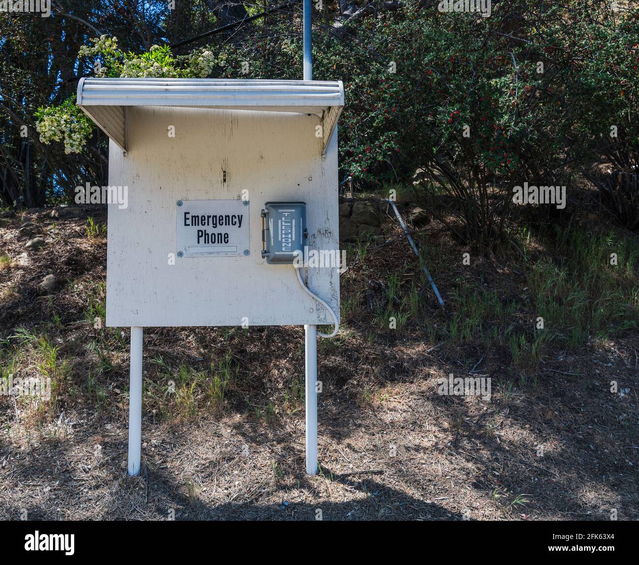 Emergency phone station at Lake Hollywood, Los Angeles, CA. Stock Photo